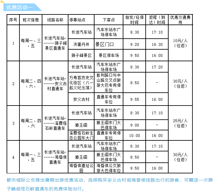 都市城际公交景区直通车暑期班次时刻表