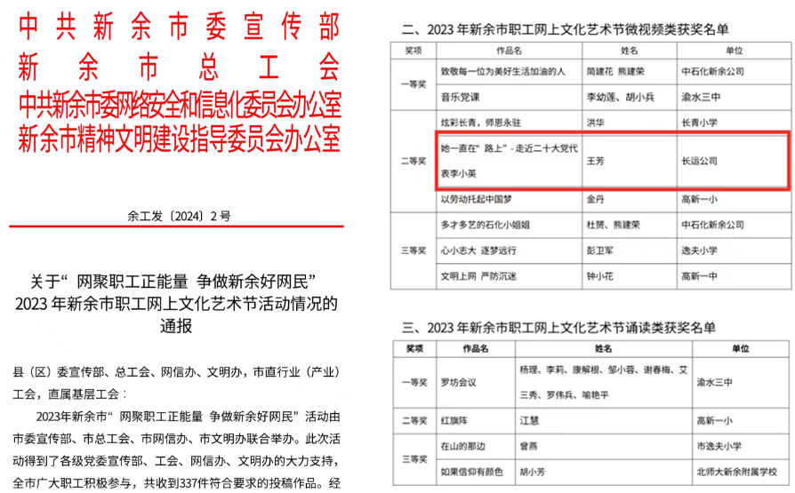 喜报！ 新余长运王芳荣获“2023年新余市职工网上文化艺术节微视频二等奖